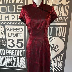 Oxblood Cheongsam Style 80s Maxi Dress, Whimsygoth, Goth